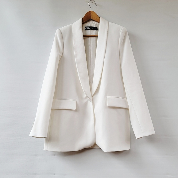 Zara White Tuxedo Jacket Women's Small Blazer Minimalist Classic Dressy FLAWED - Picture 1 of 16